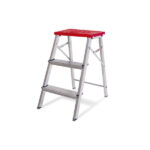Banqueta Escada Alumínio 3 Degraus 0,65m 120kg Prata e Vermelho Reisam